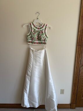 Camille La Vie White Two-Piece Prom Dress with Pink and Green Embroidery